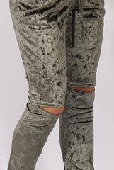 Khaki Crushed Velvet Bardot Split Knee Jumpsuit - Binky-Jumpsuits