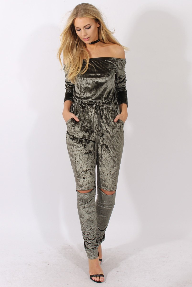 Khaki Crushed Velvet Bardot Split Knee Jumpsuit - Binky-Jumpsuits