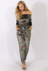 Khaki Crushed Velvet Bardot Split Knee Jumpsuit - Binky-Jumpsuits