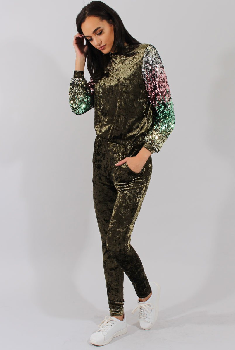 Khaki Crushed Velvet Jumper - Rainie-Jumper