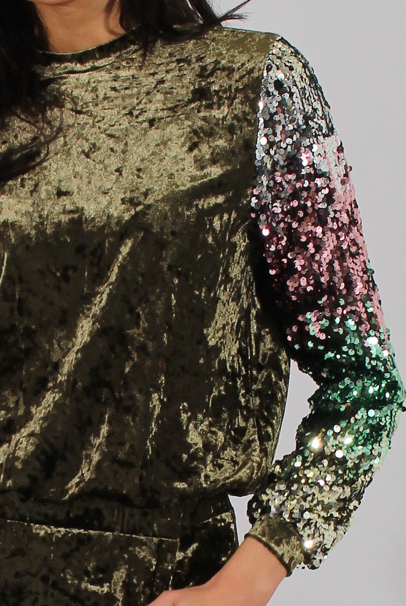 Khaki Crushed Velvet Jumper - Rainie-Jumper