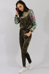 Khaki Crushed Velvet Sequined Tracksuit - Rosita-Tracksuits