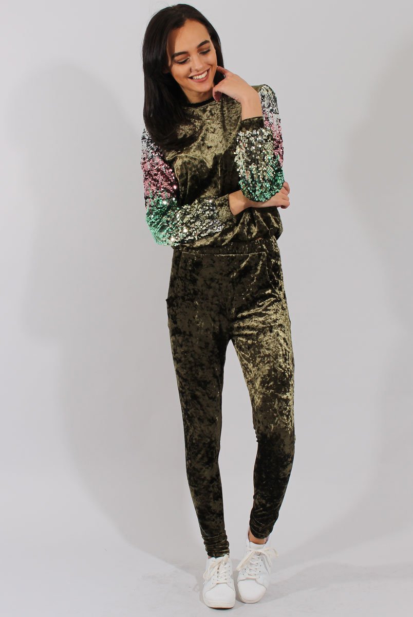 Khaki Crushed Velvet Sequined Tracksuit - Rosita-Tracksuits