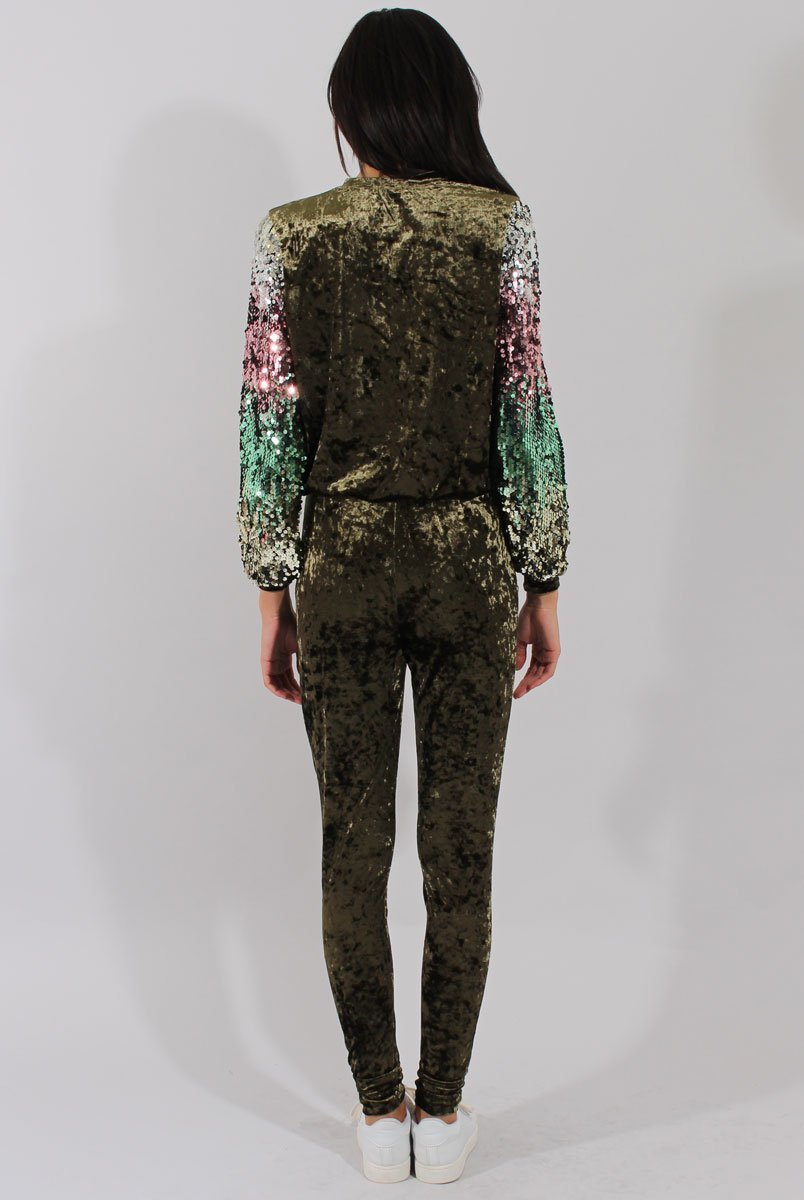 Khaki Crushed Velvet Sequined Tracksuit - Rosita-Tracksuits