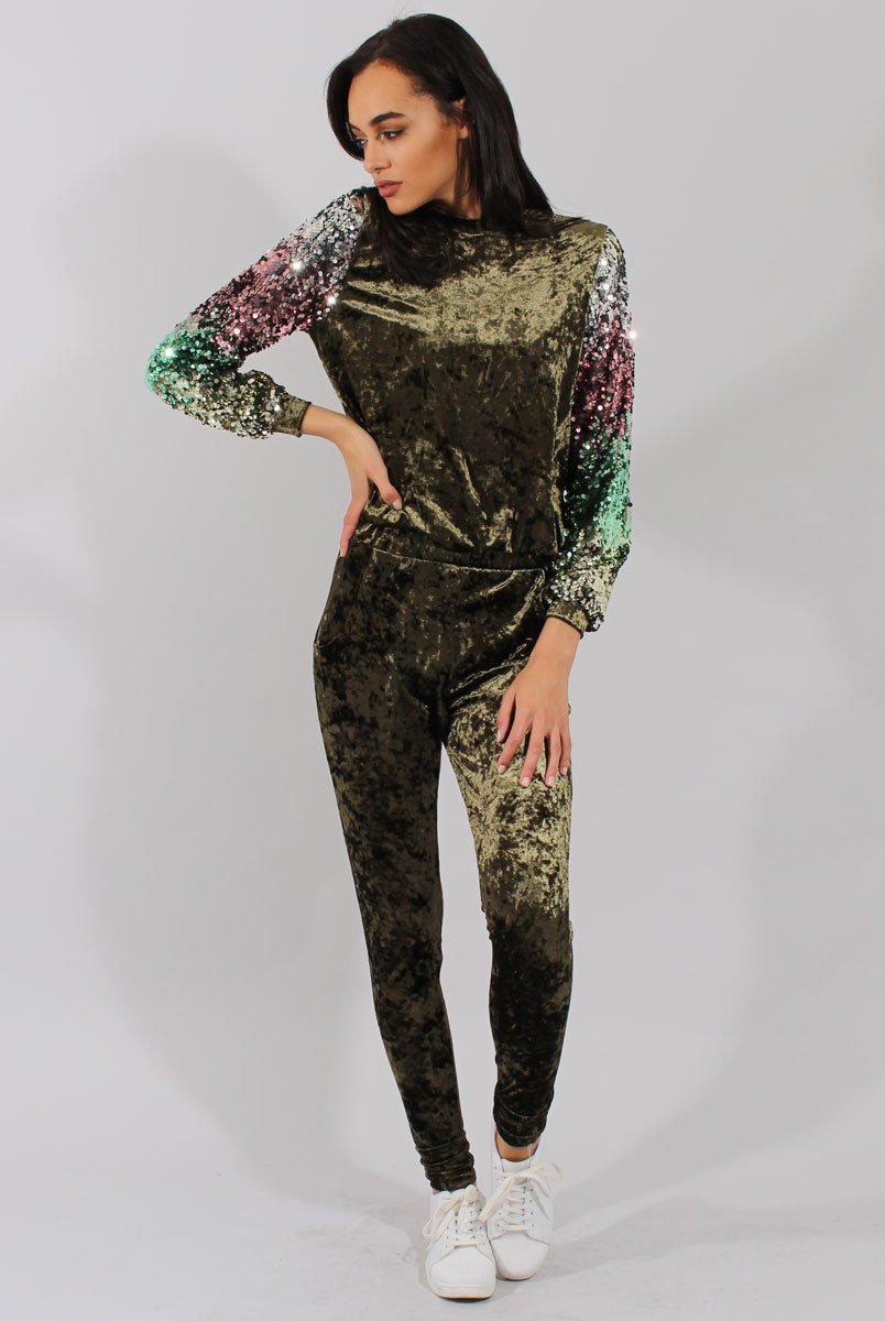 Khaki Crushed Velvet Sequined Tracksuit - Rosita-Tracksuits