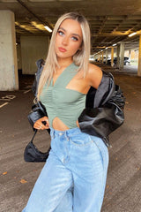 Khaki Cut Out Ruched Halter Neck Bodysuit - Janessa-Bodysuits