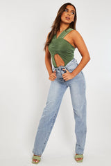 Khaki Cut Out Ruched Halter Neck Bodysuit - Janessa-Bodysuits