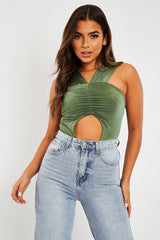 Khaki Cut Out Ruched Halter Neck Bodysuit - Janessa-Bodysuits