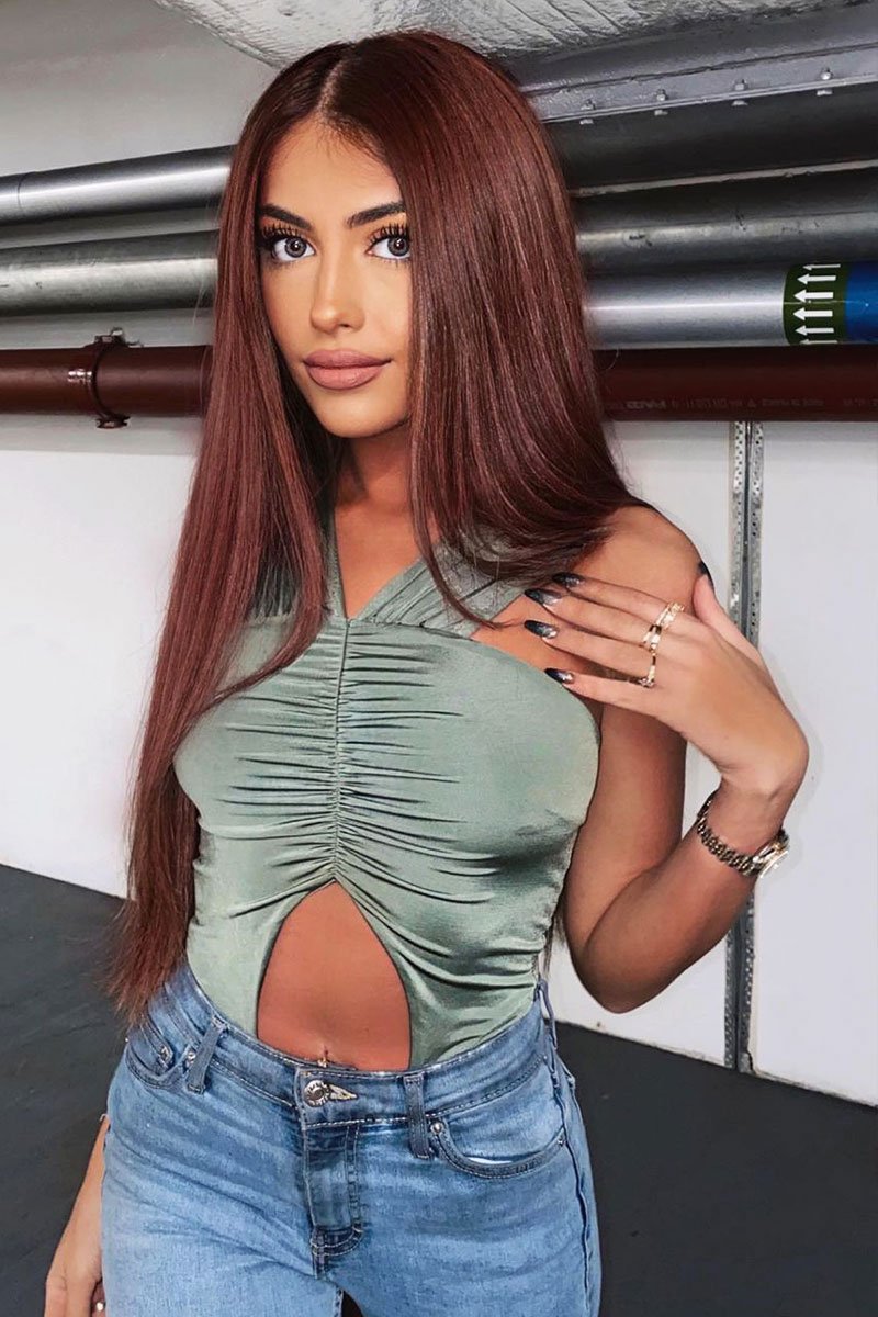 Khaki Cut Out Ruched Halter Neck Bodysuit - Janessa-Bodysuits