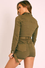 Khaki Denim Long Sleeve Belted Playsuit - Jasslyn-Playsuits