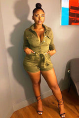 Khaki Denim Long Sleeve Belted Playsuit - Jasslyn-Playsuits
