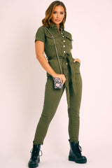 Khaki Denim Short Sleeve Button Up Belted Waist Boilersuit - Stevie-Jumpsuits
