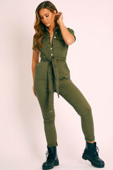 Khaki Denim Short Sleeve Button Up Belted Waist Boilersuit - Stevie-Jumpsuits
