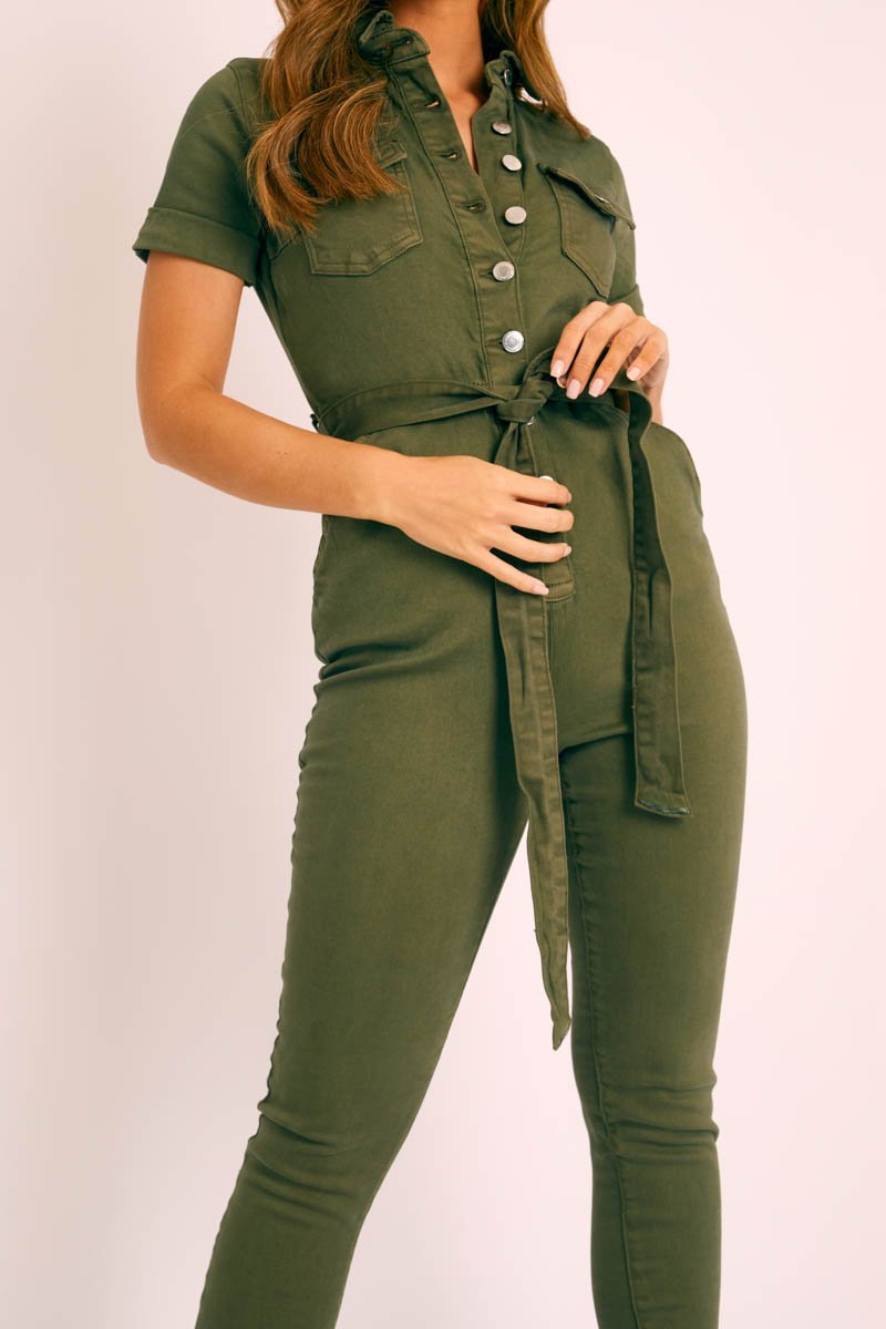 Khaki Denim Short Sleeve Button Up Belted Waist Boilersuit - Stevie-Jumpsuits