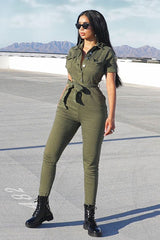 Khaki Denim Short Sleeve Button Up Belted Waist Boilersuit - Stevie-Jumpsuits