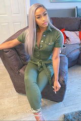Khaki Denim Short Sleeve Button Up Belted Waist Boilersuit - Stevie-Jumpsuits
