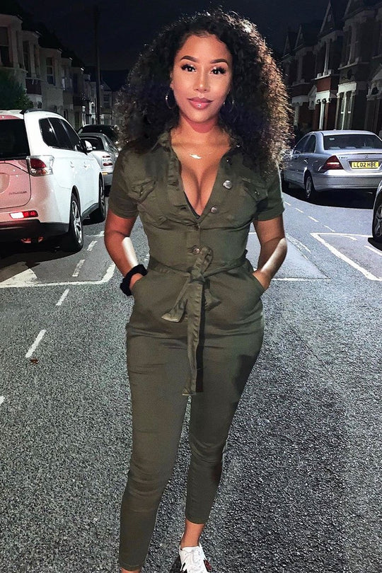 Khaki Denim Short Sleeve Button Up Belted Waist Boilersuit - Stevie