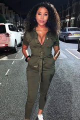 Khaki Denim Short Sleeve Button Up Belted Waist Boilersuit - Stevie-Jumpsuits