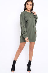 Khaki Distressed Detail Sweatshirt Jumper Dress - Ivy-Jumper