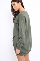 Khaki Distressed Detail Sweatshirt Jumper Dress - Ivy-Jumper
