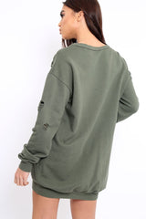 Khaki Distressed Detail Sweatshirt Jumper Dress - Ivy-Jumper
