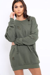 Khaki Distressed Detail Sweatshirt Jumper Dress - Ivy-Jumper
