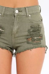 Khaki Distressed High Waist Shorts - Lyla-Shorts