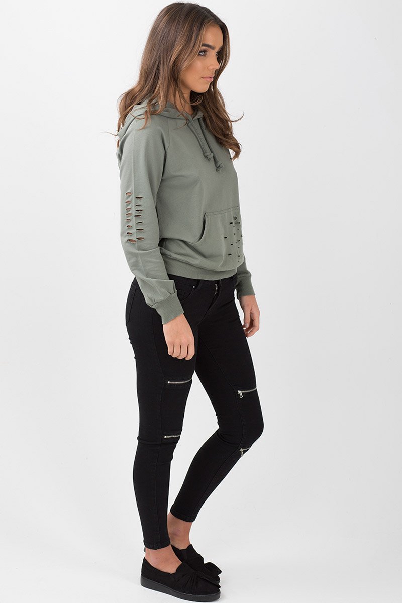 Khaki Distressed Hoodie - Kiera-Hoodies