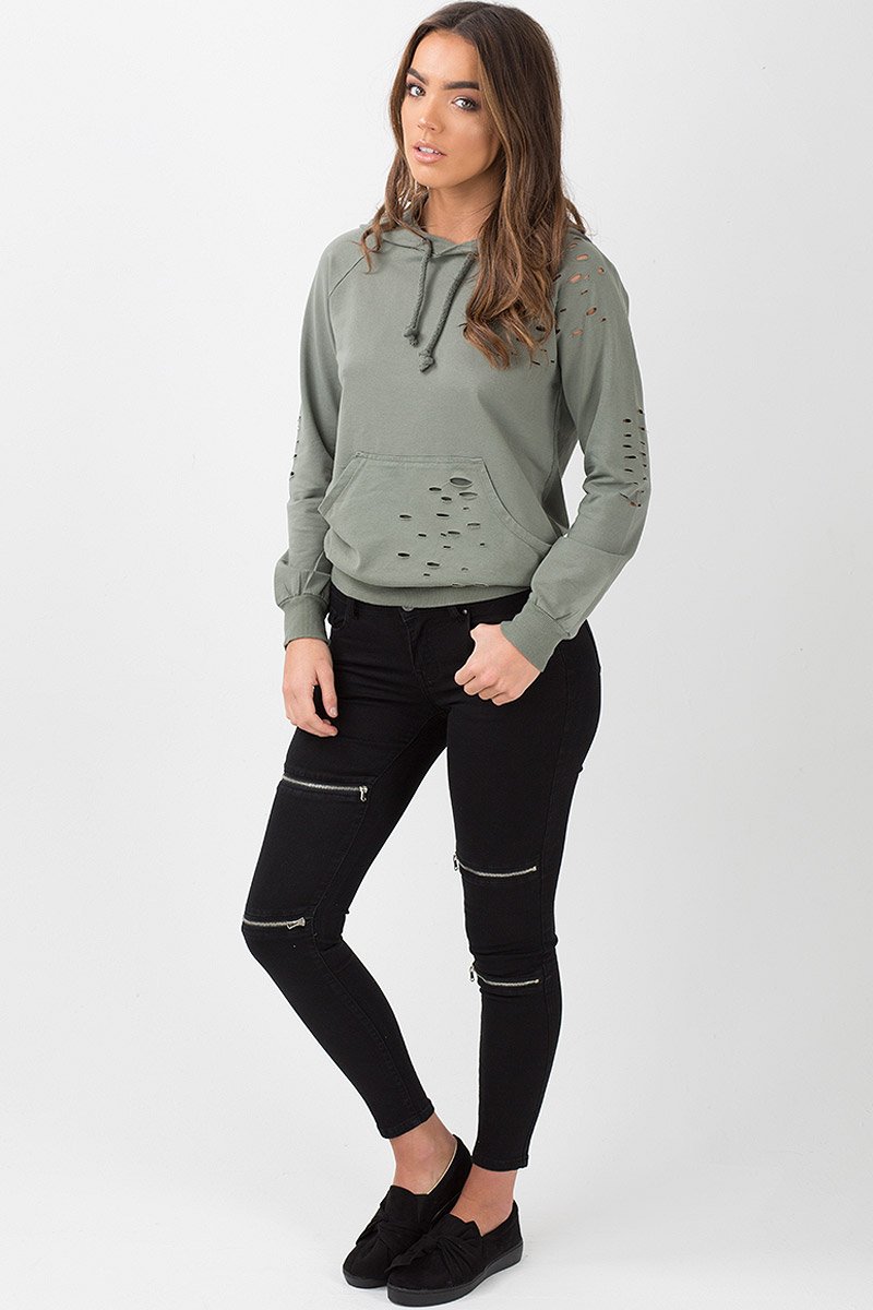 Khaki Distressed Hoodie - Kiera-Hoodies