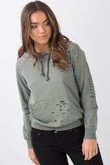Khaki Distressed Hoodie - Kiera-Hoodies