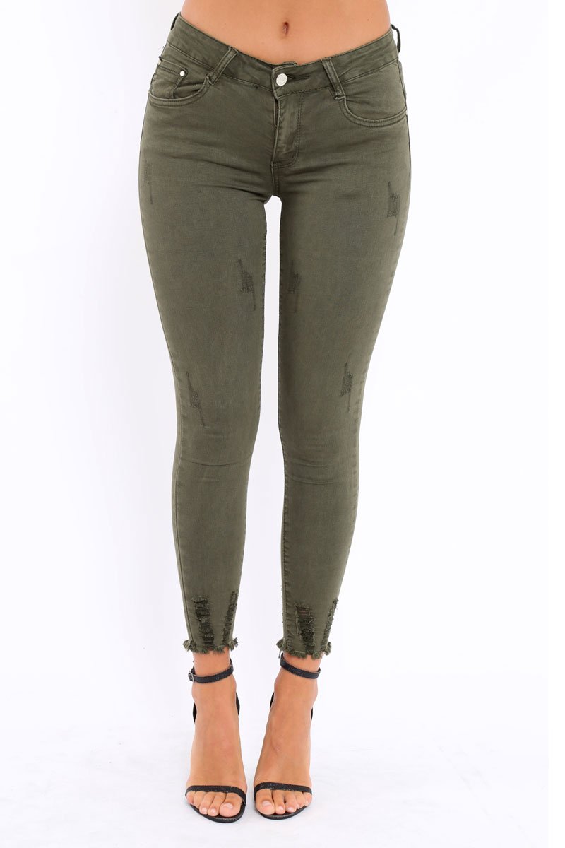 Khaki Distressed Skinny Jeans - Isabellah-Jeans