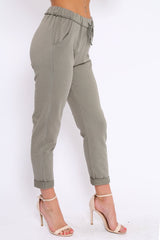 Khaki Elasticated Tie Waist Joggers - Cerena-Trousers