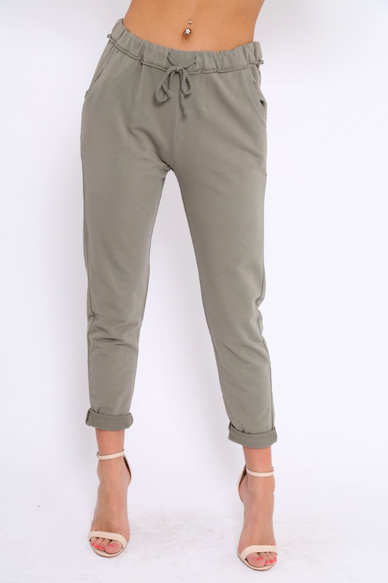Khaki Elasticated Tie Waist Joggers - Cerena-Trousers