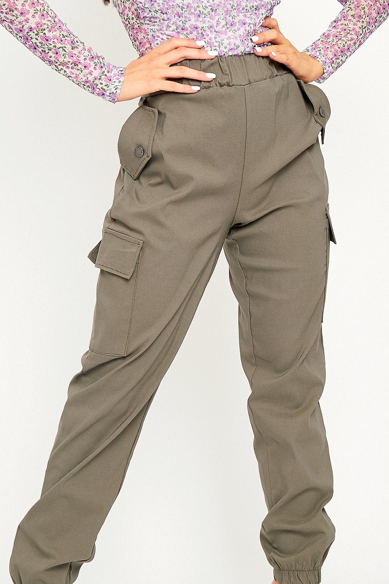 Khaki Elasticated Waist Cargo Trousers - Yalina-Trousers