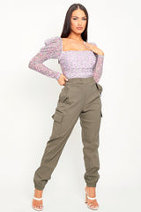 Khaki Elasticated Waist Cargo Trousers - Yalina-Trousers