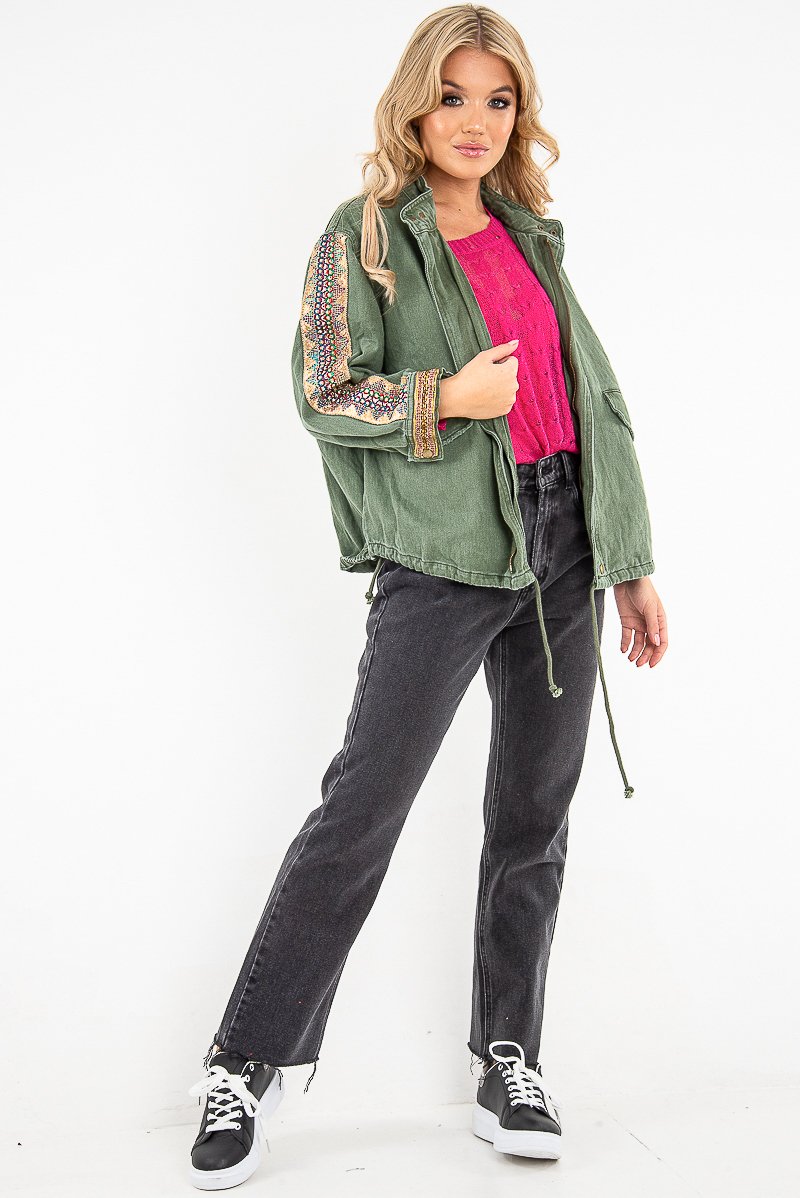 Khaki Embroidered Sleeve Detail Denim Parka Jacket - Kaori-Jackets