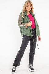 Khaki Embroidered Sleeve Detail Denim Parka Jacket - Kaori-Jackets