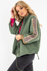 Khaki Embroidered Sleeve Detail Denim Parka Jacket - Kaori-Jackets