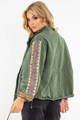 Khaki Embroidered Sleeve Detail Denim Parka Jacket - Kaori-Jackets