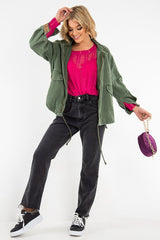 Khaki Embroidered Sleeve Detail Denim Parka Jacket - Kaori-Jackets