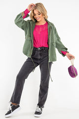 Khaki Embroidered Sleeve Detail Denim Parka Jacket - Kaori-Jackets