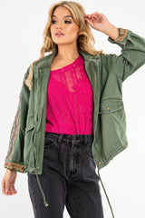 Khaki Embroidered Sleeve Detail Denim Parka Jacket - Kaori-Jackets