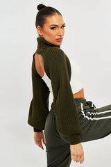 Khaki Extreme Cut Out High Neck Jumper - Nihara-Jumper