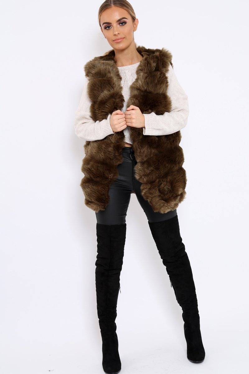 Khaki Faux Fur Gilet - Shelby-Jackets
