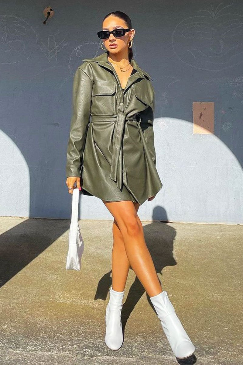 Khaki Faux Leather Belted Shirt Mini Dress - Alese Rebellious Fashion Khaki Faux Leather Belted Shirt Mini Dress - Alese Rebellious Fashion