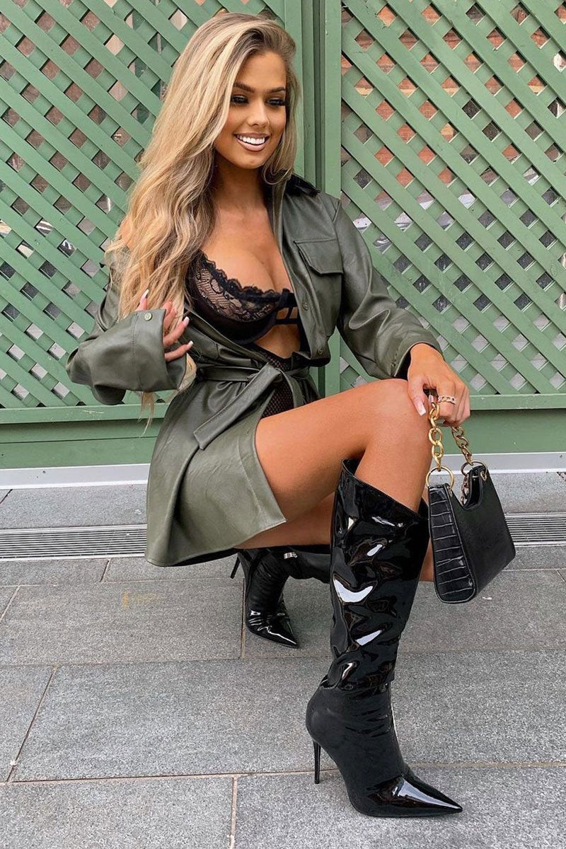 Khaki Faux Leather Belted Shirt Mini Dress - Alese Rebellious Fashion Khaki Faux Leather Belted Shirt Mini Dress - Alese Rebellious Fashion