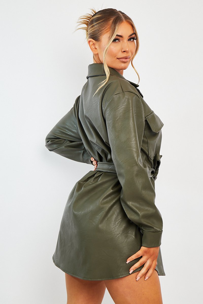 Khaki Faux Leather Belted Shirt Mini Dress - Alese Rebellious Fashion Khaki Faux Leather Belted Shirt Mini Dress - Alese Rebellious Fashion