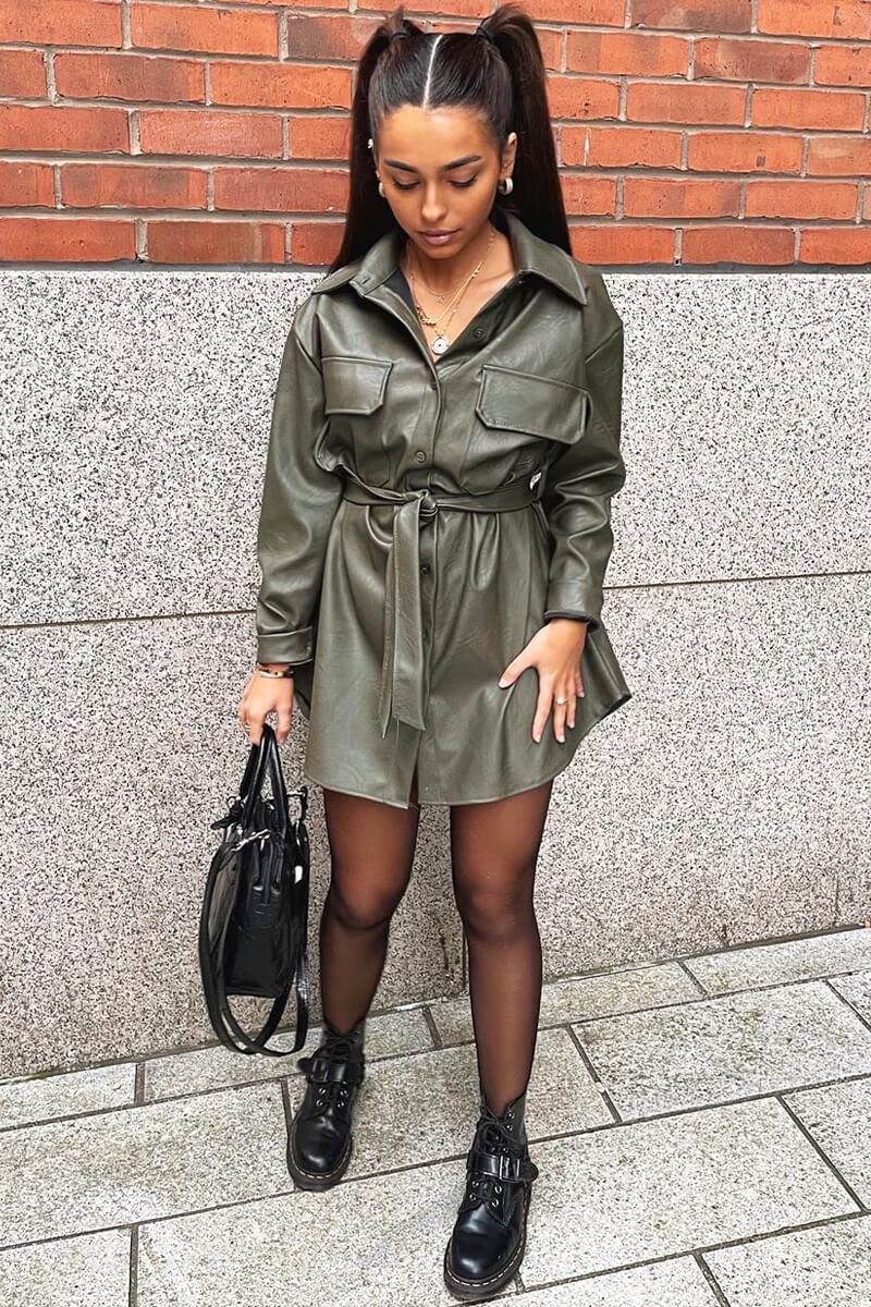 Khaki Faux Leather Belted Shirt Mini Dress - Alese-Dresses