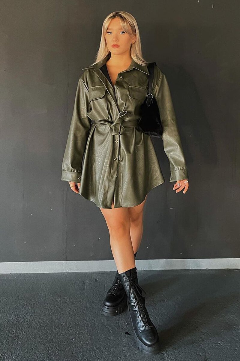 Khaki Faux Leather Belted Shirt Mini Dress - Alese Rebellious Fashion Khaki Faux Leather Belted Shirt Mini Dress - Alese Rebellious Fashion