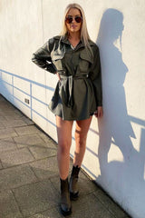 Khaki Faux Leather Belted Shirt Mini Dress - Alese-Dresses